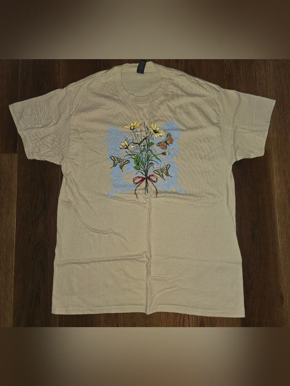 Gildan Beige Short-Sleeve Tee with Floral & Butterfly Graphic